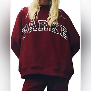 PARKE Holiday Plaid Mockneck Sweatshirt in Maroon Burgundy Red New